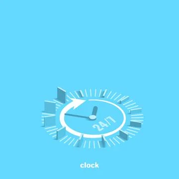 Clock on a blue background 24/7, isometric image Illustrazione stock