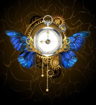 Clock with blue butterfly wings Stock Illustration