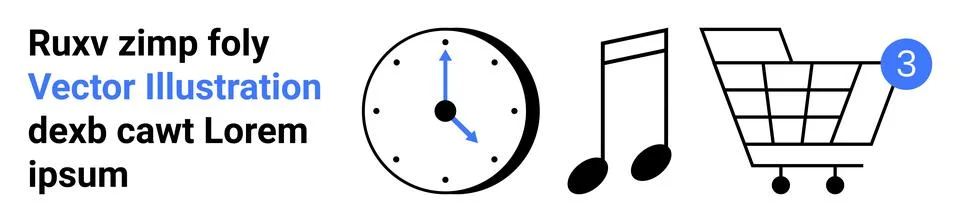 Clock with blue hands, musical note, shopping cart with notification, and pla イラスト素材