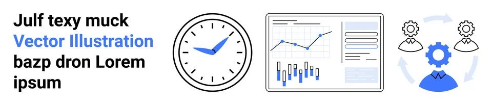 Clock with blue highlights, graphical data chart, teamwork icon illustrating  Stock Illustration