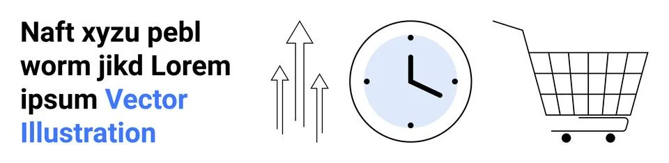 Clock with blue outer circle, three black upward arrows, and a shopping cart  Illustrazione stock
