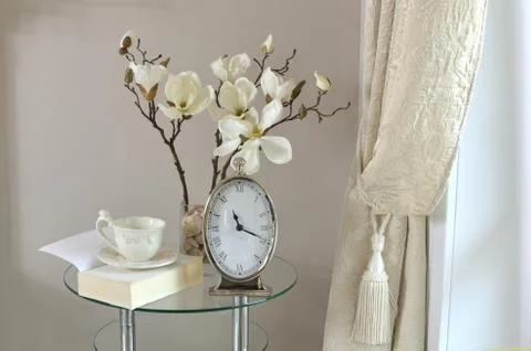 Clock, Book and Cup by Window Stock Photos