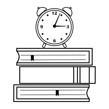Clock on books, black outline, vector illustration coloring book Stock Illustration