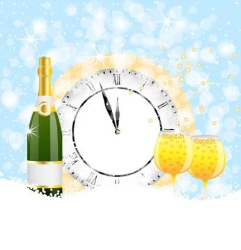 Clock, bottle and two glasses of champagne on to snow Stock Illustration