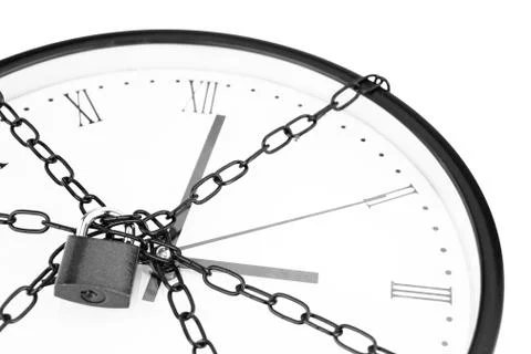 Clock bound with chain and padlock Stock Photos