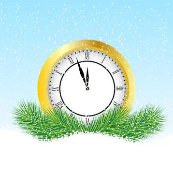 Clock with the branches of fir-tree on to snow Stock Illustration