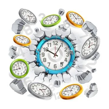 Clock breaking through the concrete wall background. Vector illustration. Stock Illustration