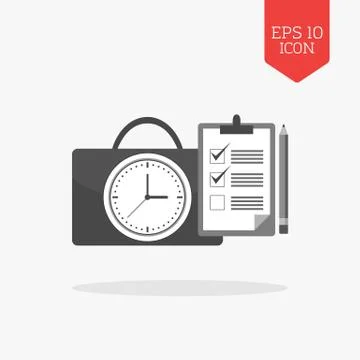 Clock with briefcase and checklist icon. Time management concept. Flat design Stock Illustration
