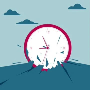 The clock broke through the ground. Isolated on blue background. Illustrazione stock