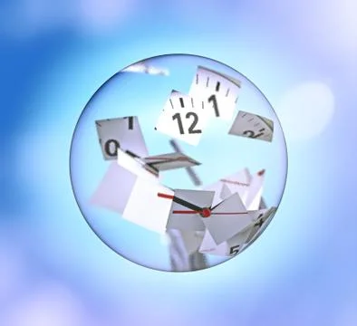 Clock broken into pieces inside a glass ball Stock Illustration