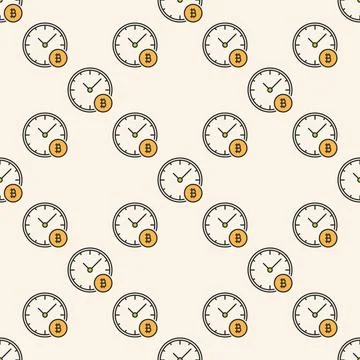 Clock with BTC sign vector Cryptocurrency Investment colored seamless pattern Illustrazione stock