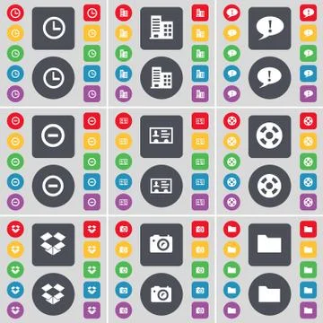 Clock, Building, Chat bubble, Minus, Credit card, Videotape, Dropbox, Camera, Fo Ilustración de archivo