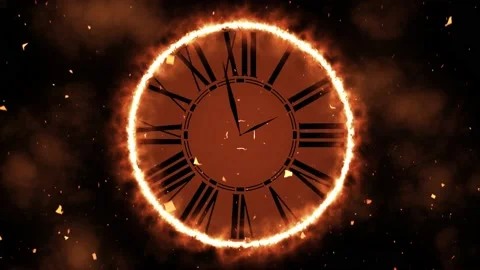 A Clock burning with orange fire in front of black background Stock Footage 155304877