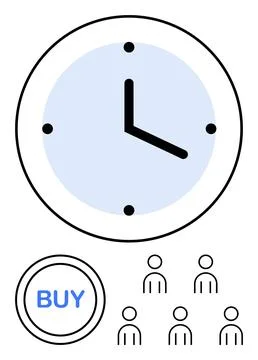 Clock with BUY Button and Group of People Icons Conceptualizing Time Manage.. Stock Illustration
