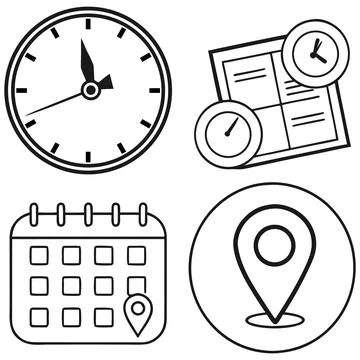 Clock, calendar and map icons representing time and scheduling for planning.. Stock Illustration