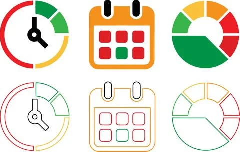 Clock calendar and progress gauge icons vector 스톡 일러스트