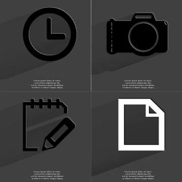 Clock, Camera, Note icon, File icon. Symbols with long shadow. Flat design イラスト素材