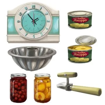 Clock, Cans, Can Opener, Jars, Canned Fruit, Jello Mold 스톡 일러스트
