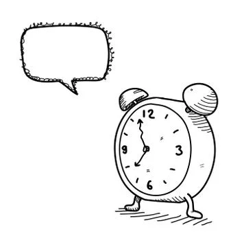 Clock Cartoon with Speech Bubble Doodle Stock Illustration