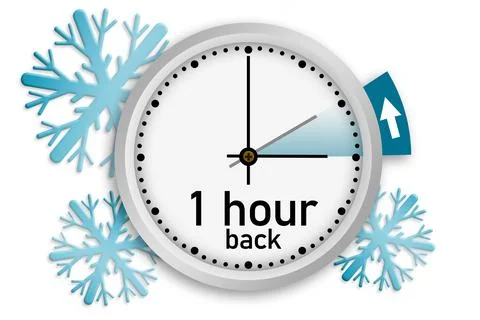 Clock changes to winter time with snowflake in background Stock Illustration