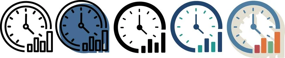 Clock with chart icon set collection Stock Illustration