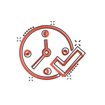 Clock check mark icon in comic style. Timer approval cartoon vector illustrat Illustrazione stock