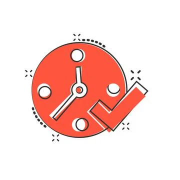 Clock check mark icon in comic style. Timer approval cartoon vector illustrat Stock Illustration