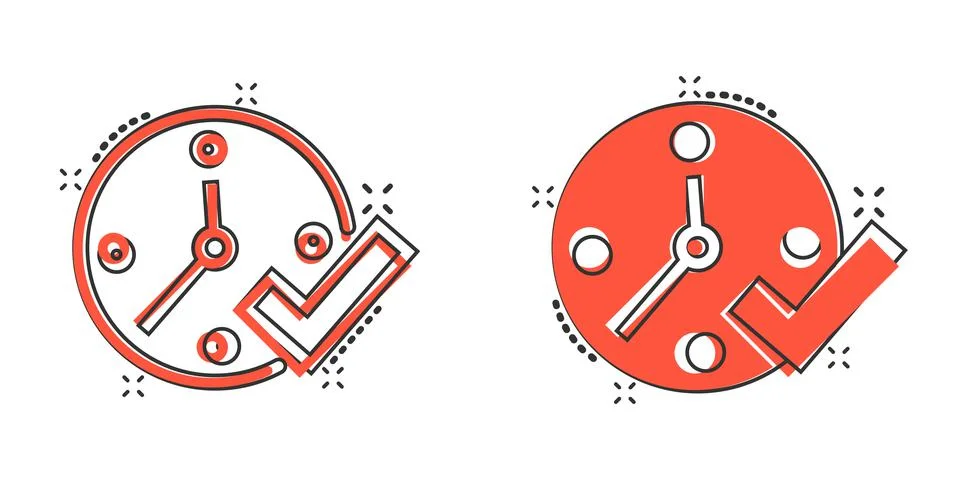 Clock check mark icon in comic style. Timer approval cartoon vector illustrat 스톡 일러스트