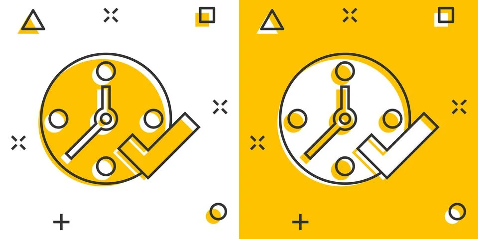 Clock check mark icon in comic style. Timer approval cartoon vector illustrat Stock Illustration