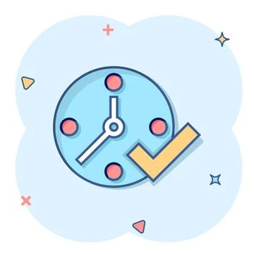 Clock check mark icon in comic style. Timer approval cartoon vector illustrat Stock Illustration