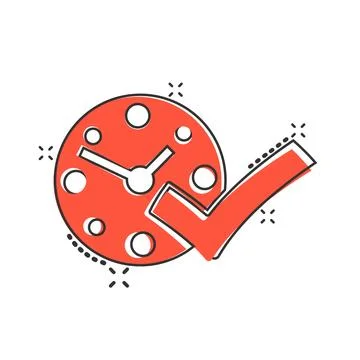 Clock check mark icon in comic style. Timer approval cartoon vector illustr.. Stock Illustration
