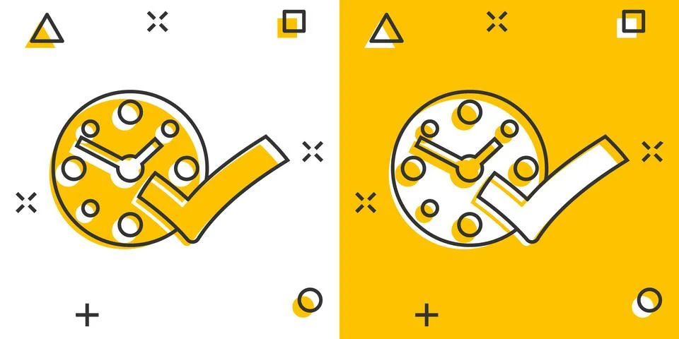 Clock check mark icon in comic style. Timer approval cartoon vector illustr.. Stock Illustration
