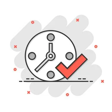 Clock check mark icon in comic style. Timer approval cartoon vector illustr.. Illustrazione stock