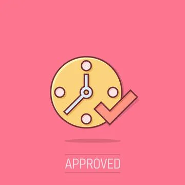 Clock check mark icon in comic style. Timer approval cartoon vector illustr.. Stock Illustration