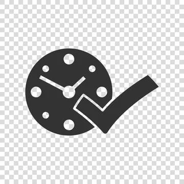 Clock check mark icon in flat style. Timer approval vector illustration on wh Illustrazione stock