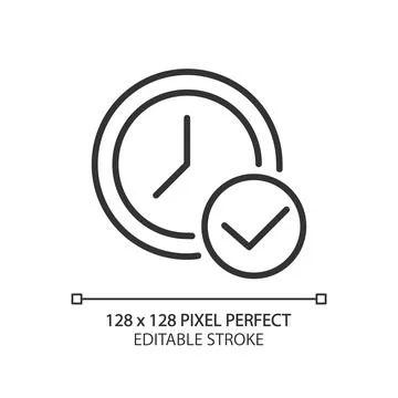 Clock with check mark pixel perfect linear icon Illustrazione stock