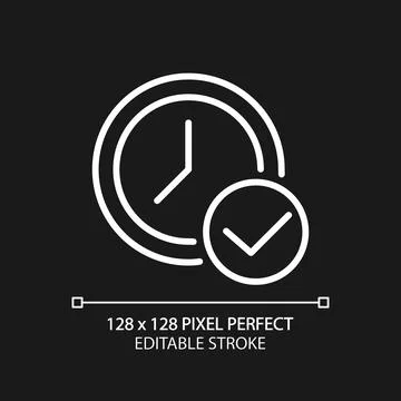 Clock with check mark pixel perfect white linear icon for dark theme Illustrazione stock