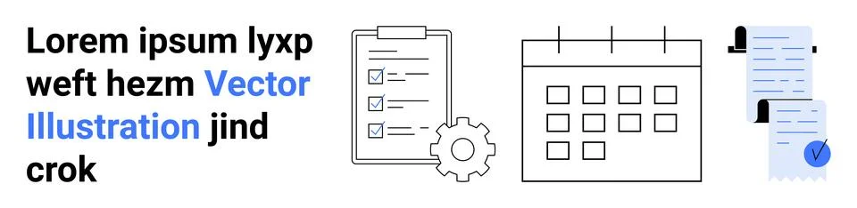Clock, checklist on clipboard, calendar, stack of documents with paper clip a Illustrazione stock