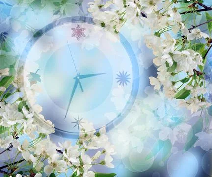 Clock in cherry blossoms. Spring comes. Concept Stock Photos