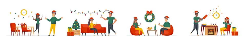 Clock chiming midnight on New Years Eve bundle of scenes with flat people cha Stock Illustration