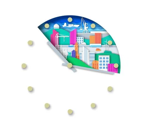 Clock with city elements, urban landscape. Vector illustration in paper art Stock Illustration