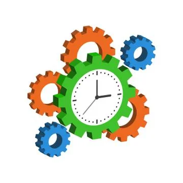 Clock with Cogwheels, Time Management symbol. Flat Isometric Icon or Logo. 3D Stock Illustration