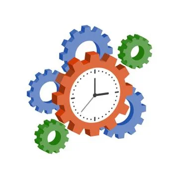 Clock with Cogwheels, Time Management symbol. Flat Isometric Icon or Logo. 3D Stock Illustration