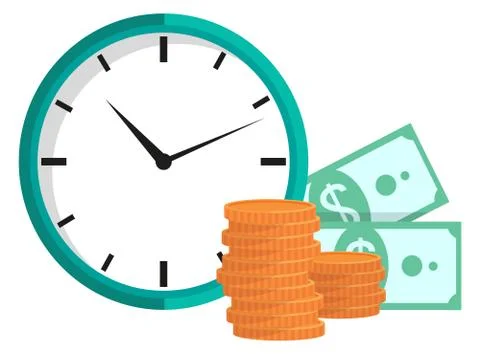 Clock with Coins and Dollars, Time is Money Vector Illustrazione stock