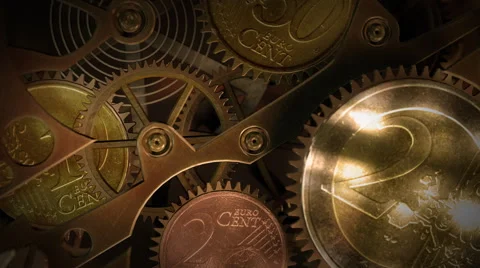 Clock with coins in place of gears. Time is money. Vídeos de archivo 44559441
