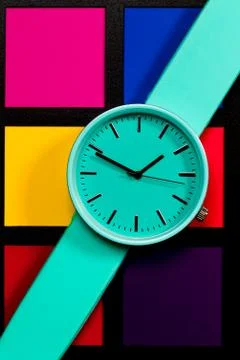 Clock on a  colored background. Abstraction. Minimalism Stock Photos