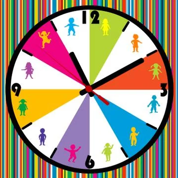 Clock with colored kids on striped background Stock Illustration