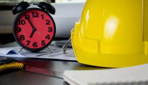 Clock counting for deadline in construction office Stock Photos