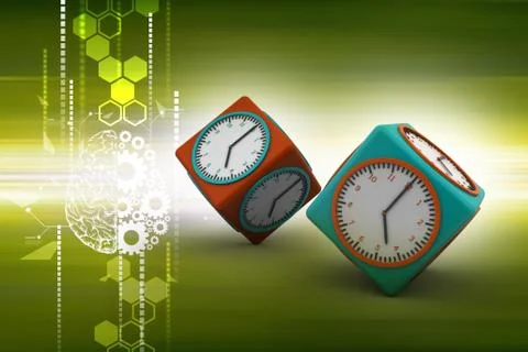 Clock in cube with technical brain in color background Stock Illustration