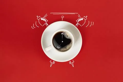 Clock. Cup of fresh espresso with clock sign on red background Stock Photos